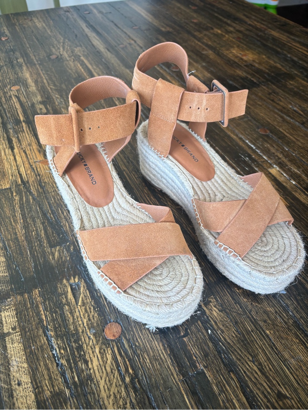 Lucky Brand Tan Suede Platform Espadrille Wedge Sandals